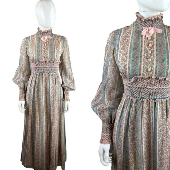 Vtg 60s Prairie Cottagecore High Neck Floral Striped Maxi Dress Balloon Sleeve S - Picture 1 of 11